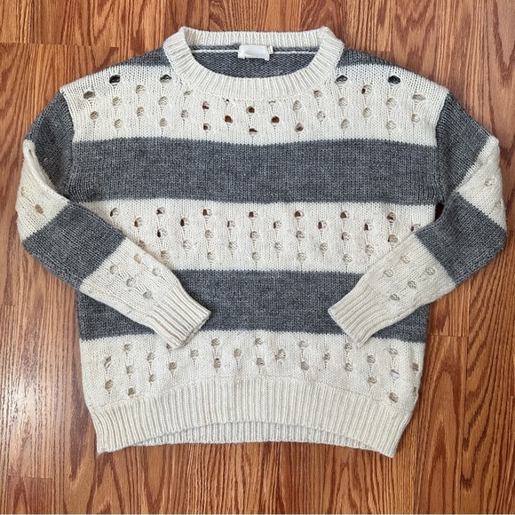 Lush Open Knit Striped Sweater S Soft Cream & Charcoal Coastal Grandma Pullover - Picture 12 of 14